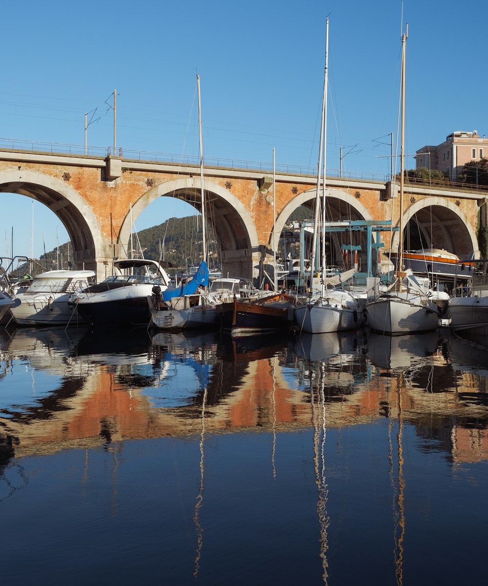 Viaduc ferroviaire aux arches de pierre et marina de La Napoule, bateaux voiliers et reflets dans l'eau